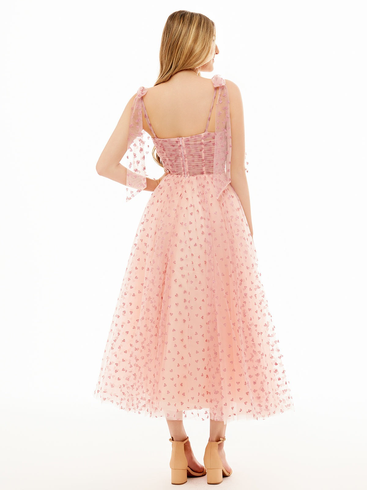 Corset Bow Straps Tulle Glitter Hearts Ankle Length Prom Dress Corset Bow Straps Tulle Glitter Hearts Ankle Length Prom Dress