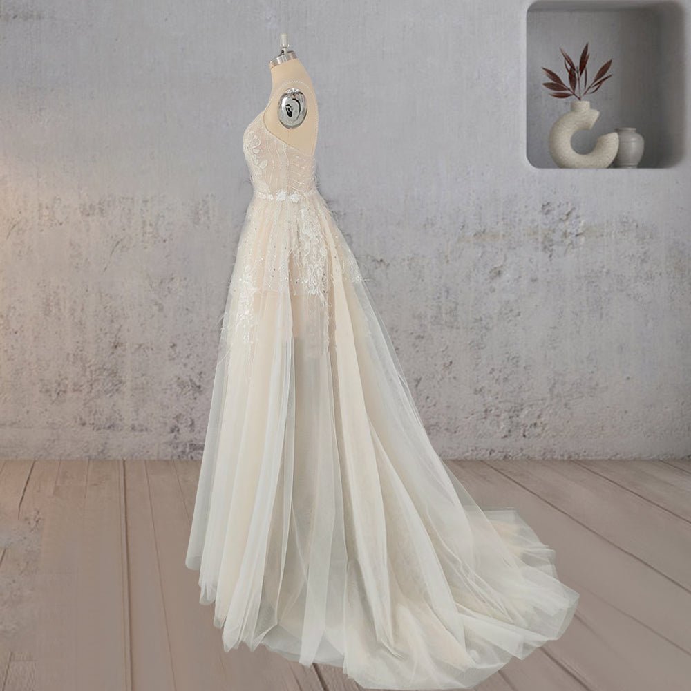 Spaghetti Straps Appliqued Lace Wedding Dress with Feathers