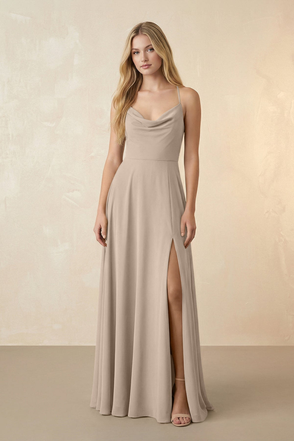 Spaghetti Straps Chiffon A-Line Bridesmaid Dress in Almond - KissProm BRIDESMAID DRESSES