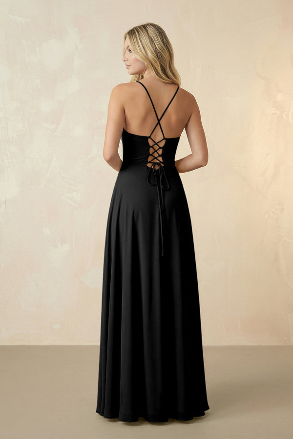 Spaghetti Straps Chiffon A-Line Bridesmaid Dress in Black - KissProm BRIDESMAID DRESSES