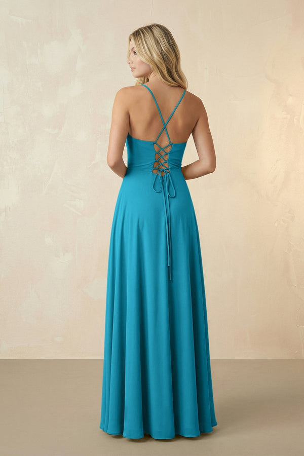 Spaghetti Straps Chiffon A-Line Bridesmaid Dress in Blue Jay - KissProm BRIDESMAID DRESSES