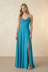 Spaghetti Straps Chiffon A-Line Bridesmaid Dress in Blue Jay - KissProm BRIDESMAID DRESSES