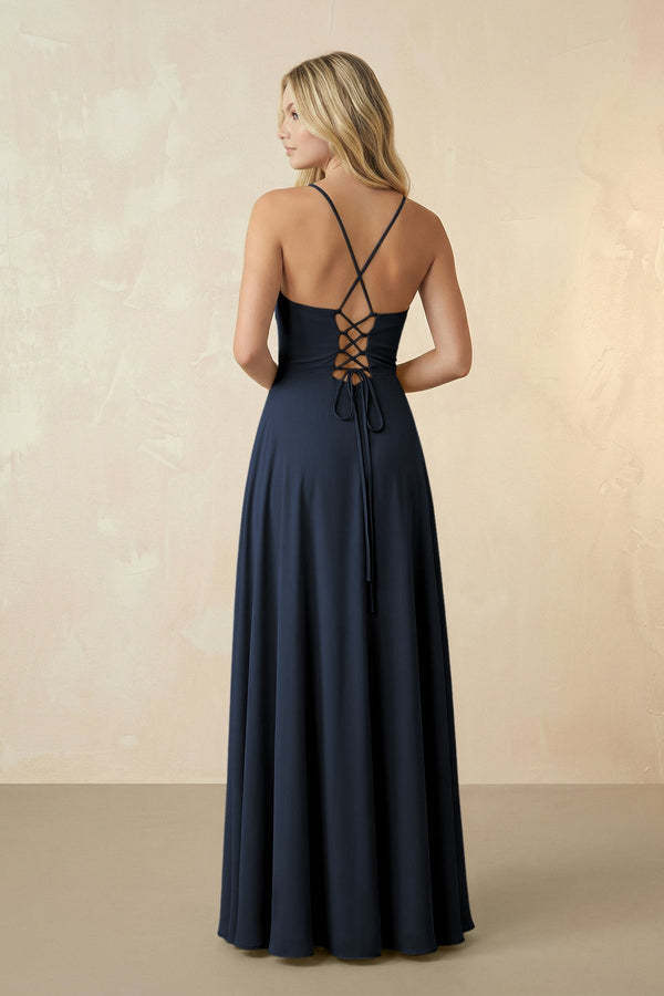 Spaghetti Straps Chiffon A-Line Bridesmaid Dress in Dark Navy - KissProm BRIDESMAID DRESSES