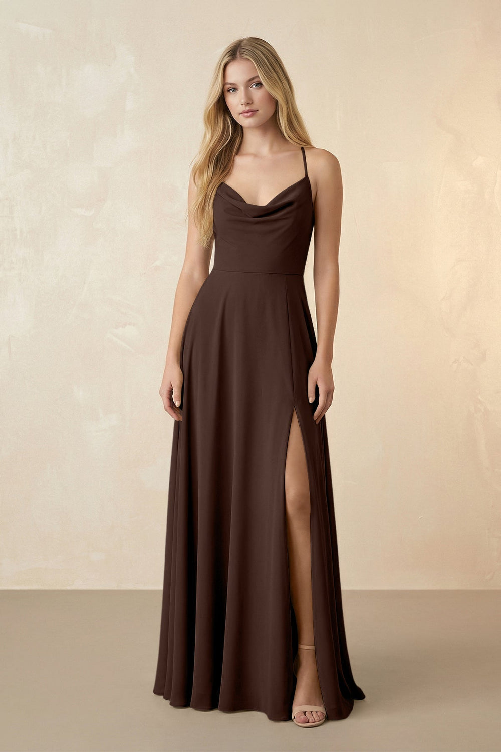 Spaghetti Straps Chiffon A-Line Bridesmaid Dress in Espresso - KissProm BRIDESMAID DRESSES