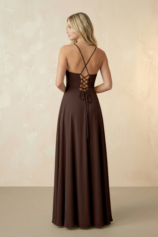 Spaghetti Straps Chiffon A-Line Bridesmaid Dress in Espresso - KissProm BRIDESMAID DRESSES