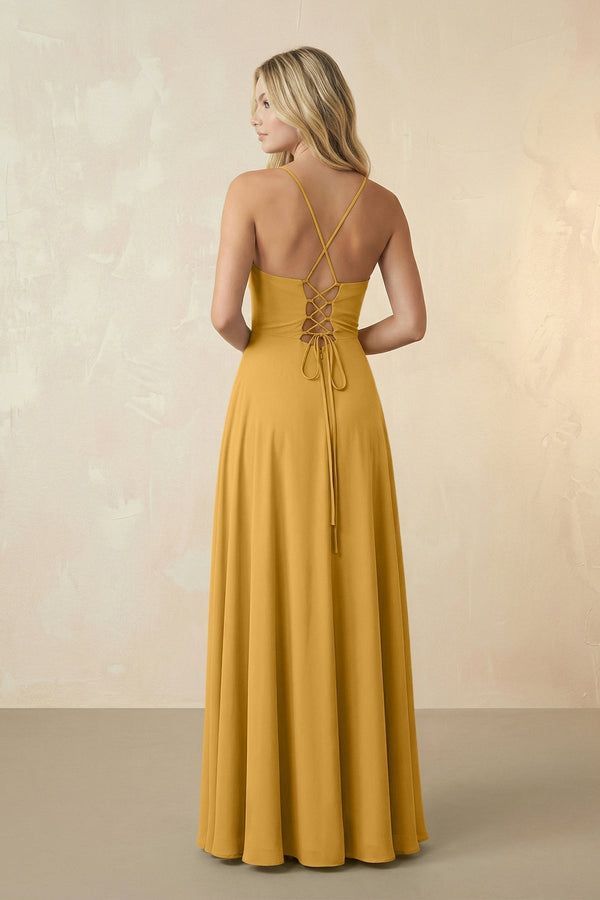 Spaghetti Straps Chiffon A-Line Bridesmaid Dress in Marigold - KissProm BRIDESMAID DRESSES