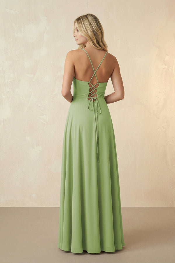KissProm | Spaghetti Strap A-Line Chiffon Bridesmaid Dress in Matcha