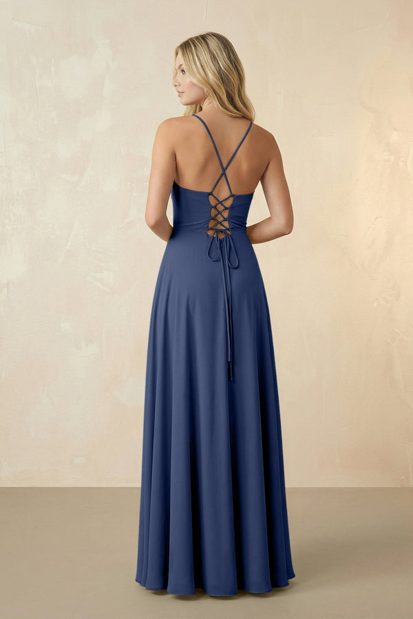 Spaghetti Straps Chiffon A-Line Bridesmaid Dress in Navy - KissProm BRIDESMAID DRESSES
