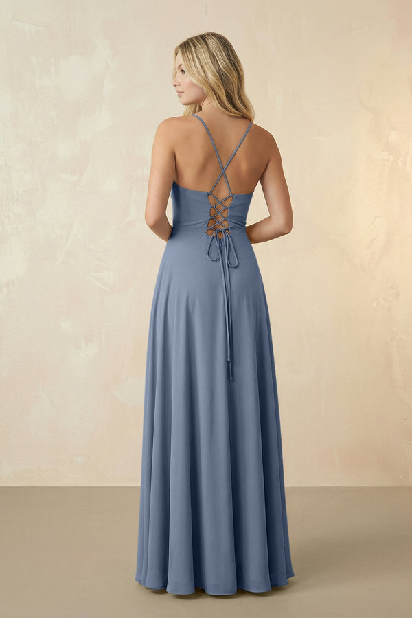 Spaghetti Straps Chiffon A-Line Bridesmaid Dress in Neptune - KissProm BRIDESMAID DRESSES