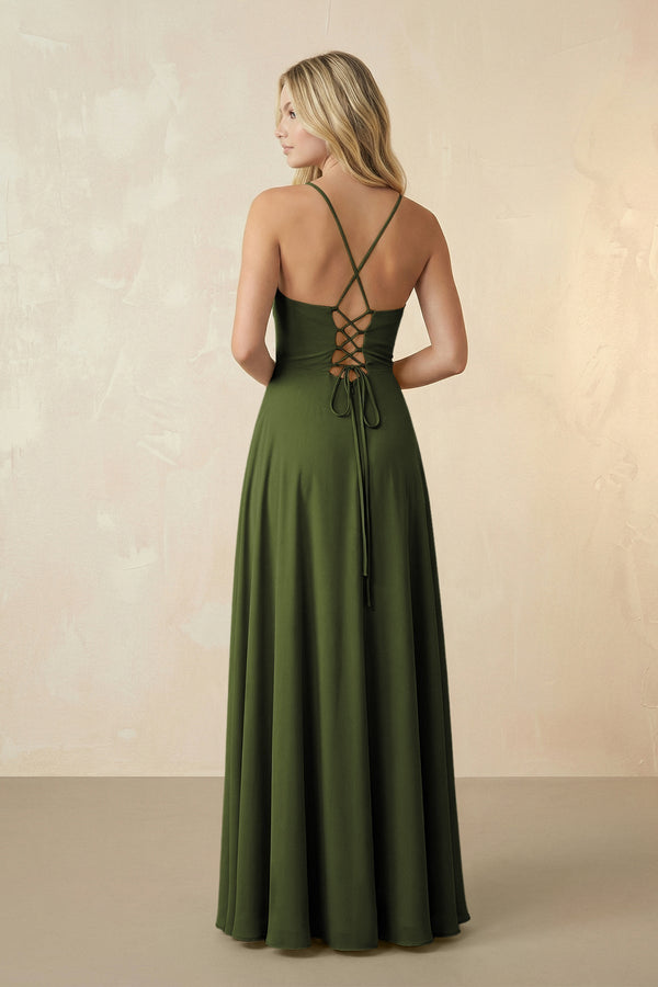 Spaghetti Straps Chiffon A-Line Bridesmaid Dress in Olive - KissProm BRIDESMAID DRESSES