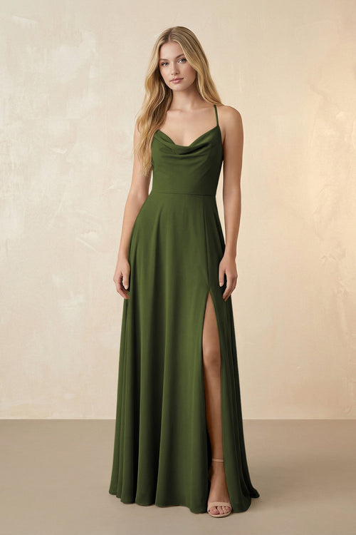 Spaghetti Straps Chiffon A-Line Bridesmaid Dress in Olive - KissProm BRIDESMAID DRESSES