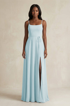 Spaghetti Straps Chiffon A - Line Bridesmaid Dress in Sky Blue - KissProm Bridesmaid Dresses