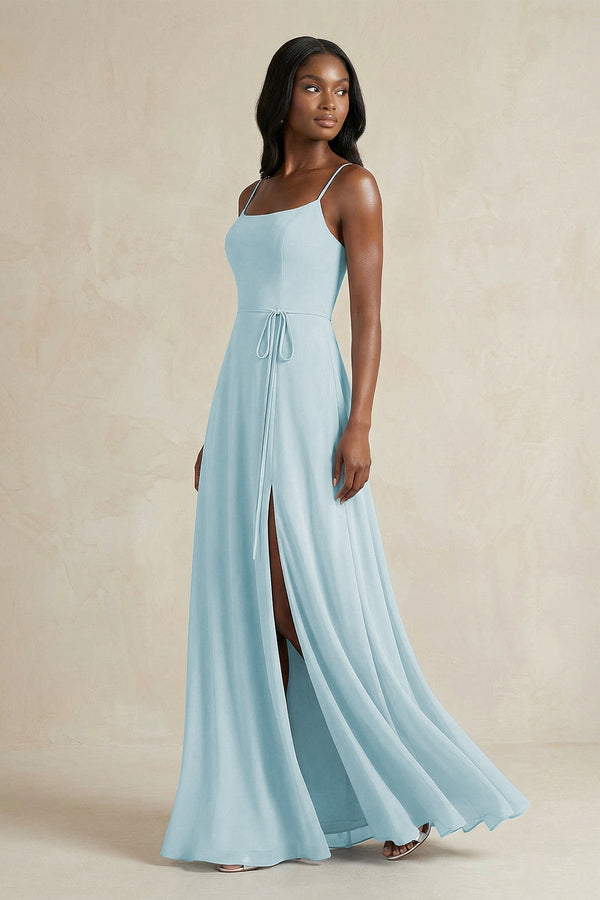 Spaghetti Straps Chiffon A - Line Bridesmaid Dress in Sky Blue - KissProm Bridesmaid Dresses