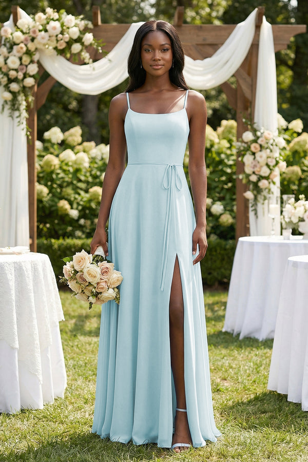 KissProm A-Line Spaghetti Straps Chiffon Bridesmaid Dress in Sky Blue, Sky Blue / 12