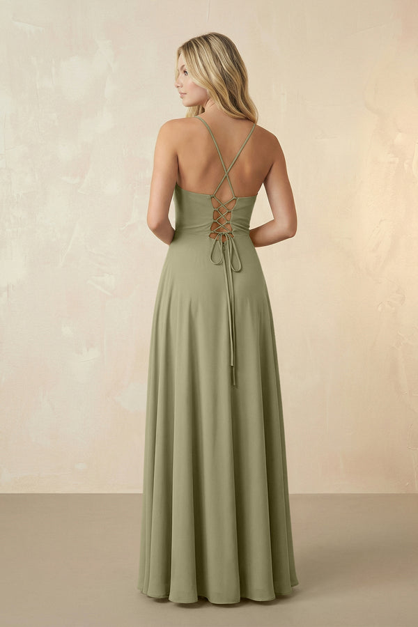 Spaghetti Straps Chiffon A-Line Bridesmaid Dress in Thyme - KissProm BRIDESMAID DRESSES