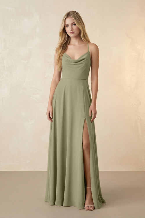 Spaghetti Straps Chiffon A-Line Bridesmaid Dress in Thyme - KissProm BRIDESMAID DRESSES