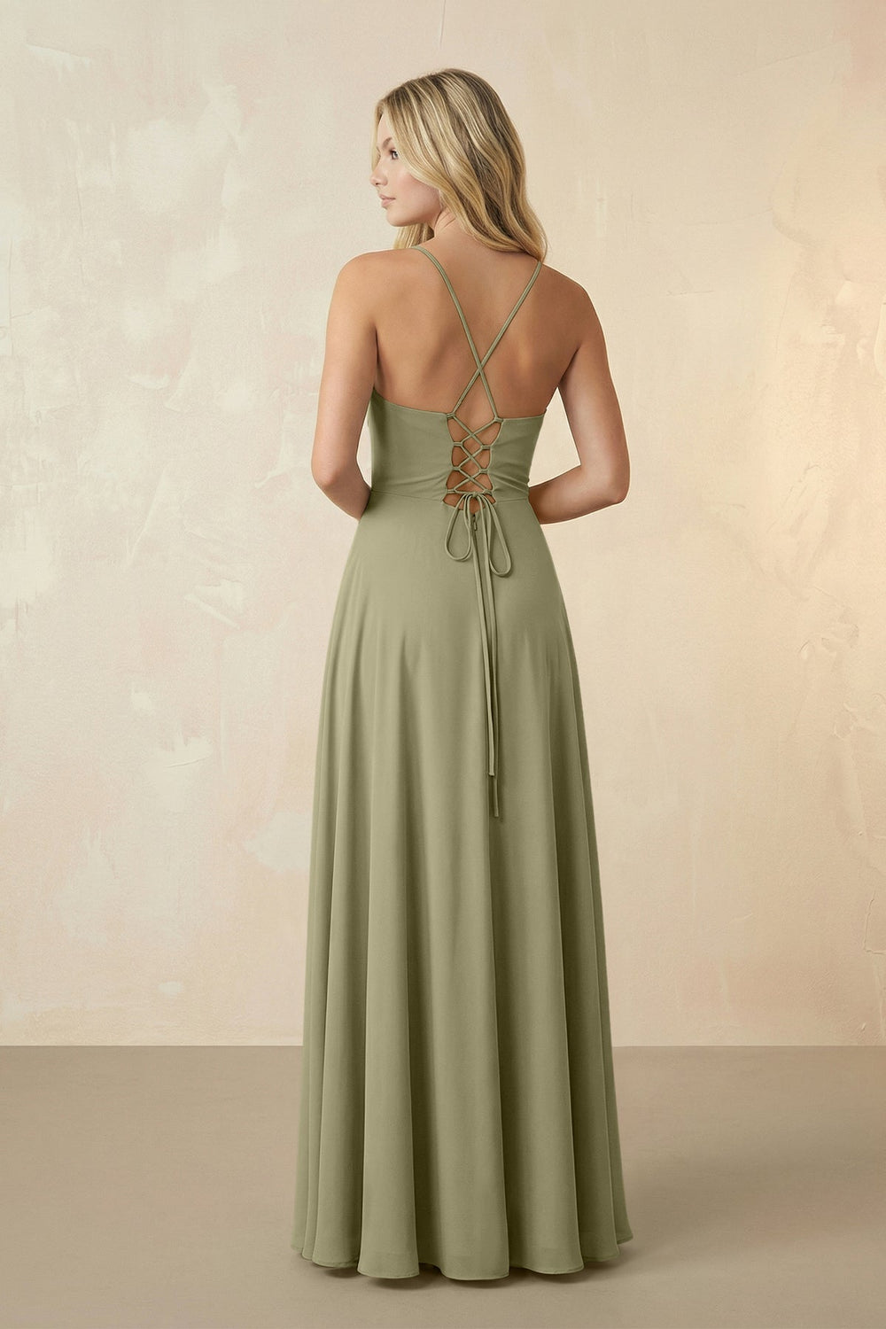 Spaghetti Straps Chiffon A-Line Bridesmaid Dress in Thyme - KissProm BRIDESMAID DRESSES
