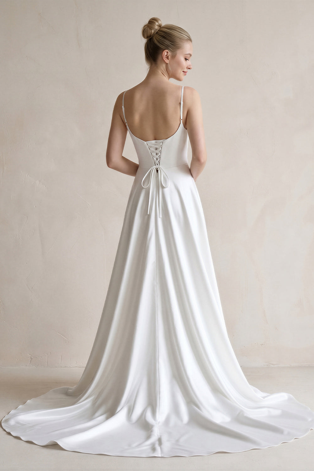 Spaghetti Straps Satin A-Line Ruched Wedding Dress in White