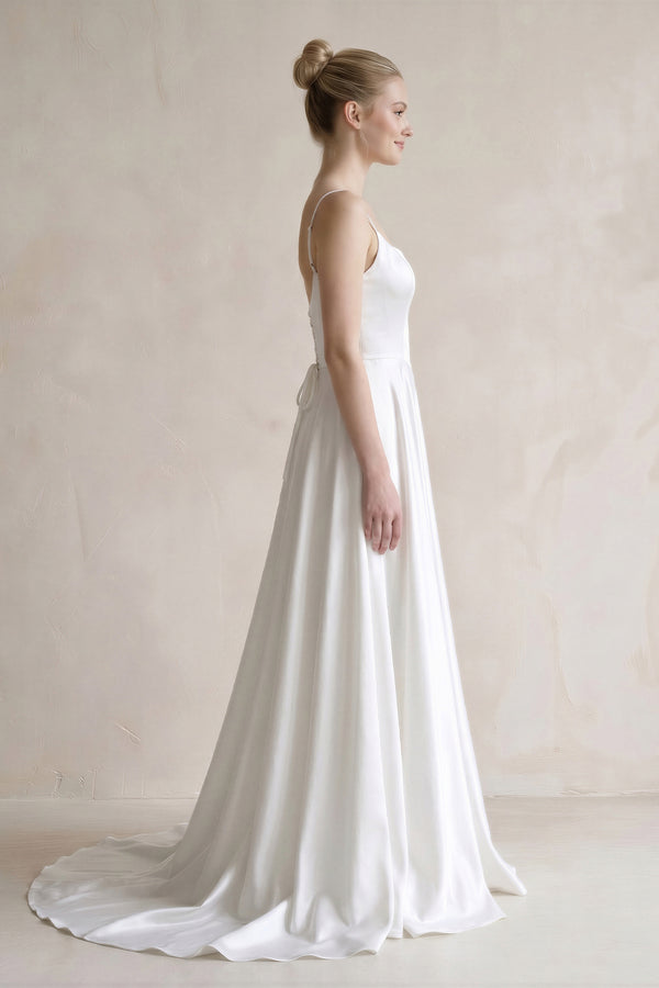 Spaghetti Straps Satin A-Line Ruched Wedding Dress in White