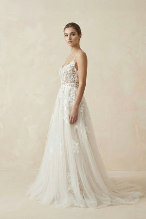 Spaghetti Straps Lace A Line Wedding Dress in Ivory - KissProm Wedding Dresses