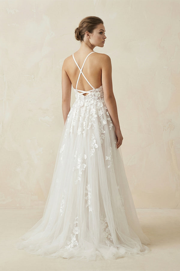 Spaghetti Straps Lace A Line Wedding Dress in Ivory - KissProm Wedding Dresses