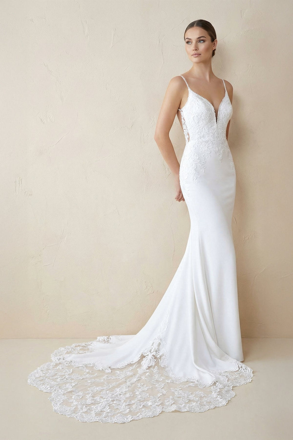 Spaghetti Straps Mermaid Lace Backless Wedding Dress in White - KissProm Wedding Dresses