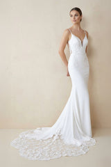 Spaghetti Straps Mermaid Lace Backless Wedding Dress in White - KissProm Wedding Dresses