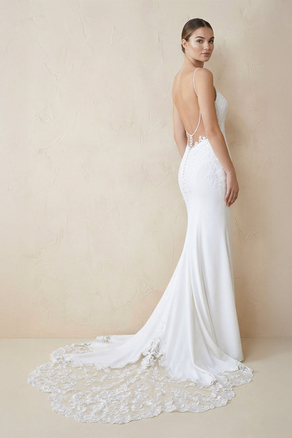 Spaghetti Straps Mermaid Lace Backless Wedding Dress in White - KissProm Wedding Dresses