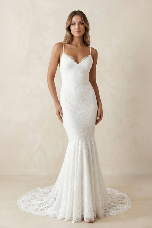 Spaghetti Straps Mermaid Lace Wedding Dress in White - KissProm Wedding Dresses