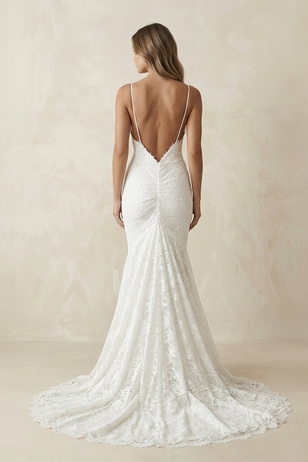 Spaghetti Straps Mermaid Lace Wedding Dress in White - KissProm Wedding Dresses