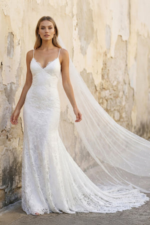 Spaghetti V-neck Mermaid Vintage Lace Flowers Sexy Backless Wedding Dress with Train, Diamond White / 2 Spaghetti V-neck Mermaid Vintage Lace Flowers Sexy Backless Wedding Dress with Train, Diamond White / 2