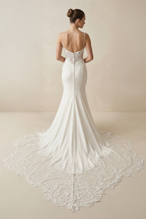 Spaghetti Straps Mermaid Satin Appliqued Wedding Dress in White - KissProm Wedding Dresses