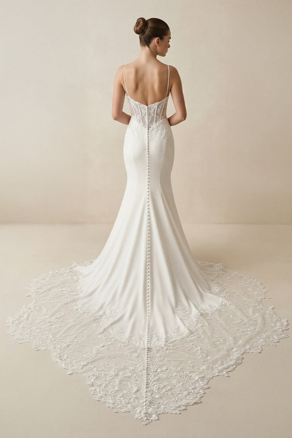 Spaghetti Straps Mermaid Satin Appliqued Wedding Dress in White - KissProm Wedding Dresses