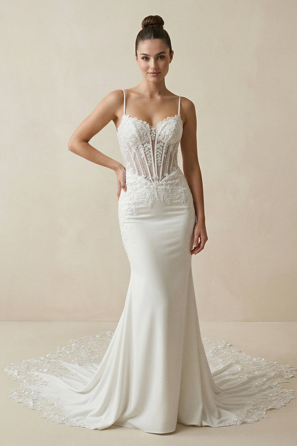 Spaghetti Straps Mermaid Satin Appliqued Wedding Dress in White - KissProm Wedding Dresses