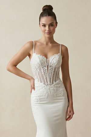 Spaghetti Straps Mermaid Satin Appliqued Wedding Dress in White - KissProm Wedding Dresses