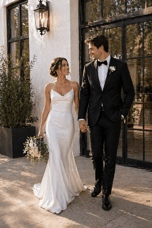 Spaghetti Straps Mermaid Satin Wedding Dress in White - KissProm Wedding Dresses
