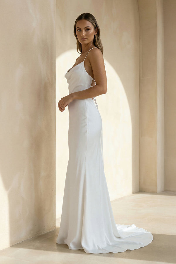 Spaghetti Straps Mermaid Satin Wedding Dress in White - KissProm Wedding Dresses