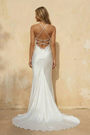 Mermaid Satin White Spaghetti-Straps Wedding Dresses With Lace-Up Back – Wedding Dress by Kissprom | Available at KissProm