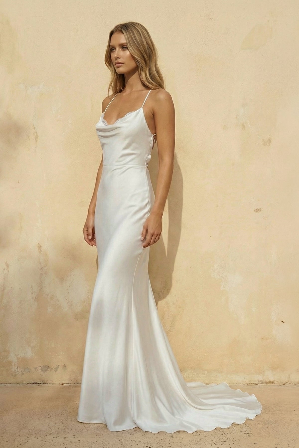 Mermaid Satin White Spaghetti-Straps Wedding Dresses With Lace-Up Back, Diamond White / 2