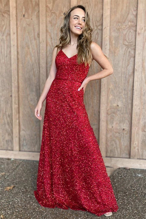 Spaghetti Straps Red Sequins Long Prom Dress - KissProm