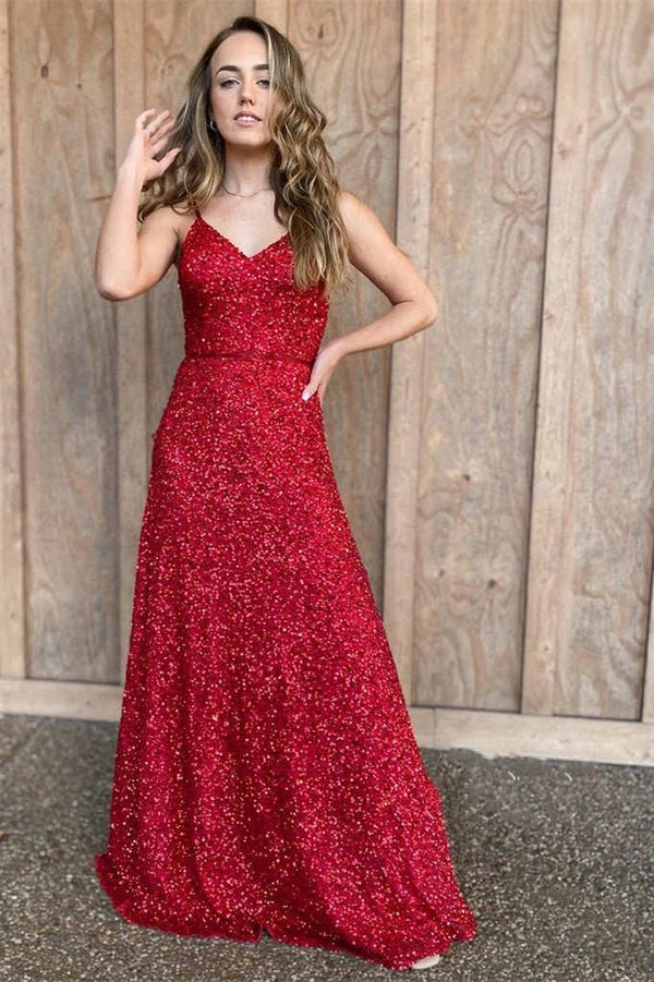 Spaghetti Straps Red Sequins Long Prom Dress - KissProm