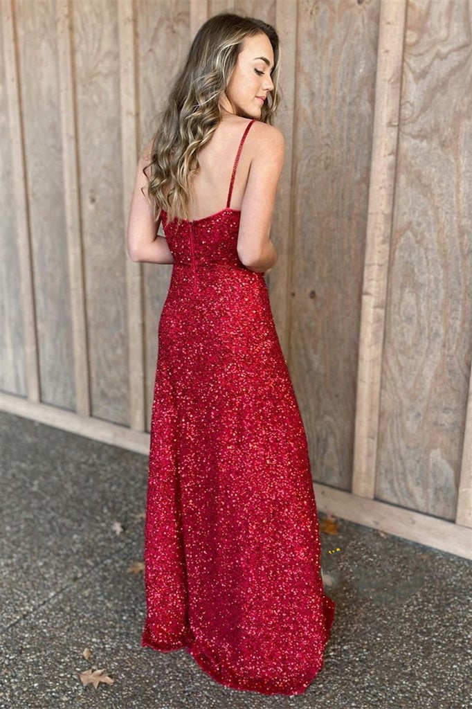 Spaghetti Straps Red Sequins Long Prom Dress - KissProm