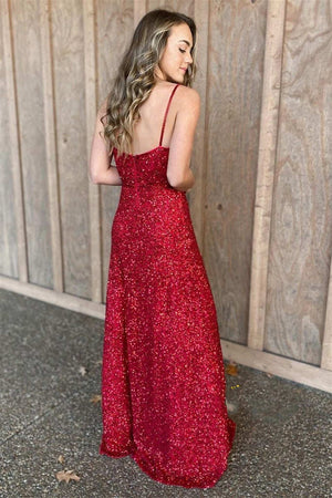 Spaghetti Straps Red Sequins Long Prom Dress - KissProm