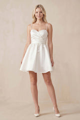 Spaghetti Straps Satin A - Line Ruched Mini Wedding Dress in Ivory - KissProm Wedding Dresses