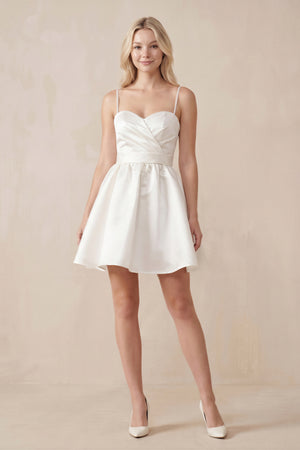 Spaghetti Straps Satin A - Line Ruched Mini Wedding Dress in Ivory - KissProm Wedding Dresses