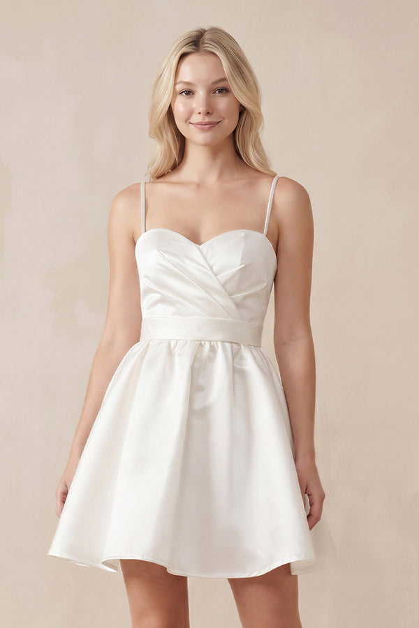 Spaghetti Straps Satin A - Line Ruched Mini Wedding Dress in Ivory - KissProm Wedding Dresses