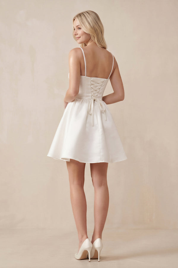 Spaghetti Straps Satin A - Line Ruched Mini Wedding Dress in Ivory - KissProm Wedding Dresses