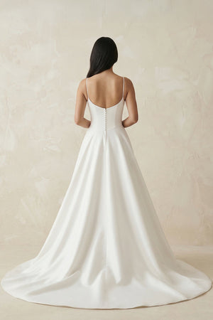 Spaghetti Straps Satin A - Line Ruched Wedding Dress in White - KissProm Wedding Dresses