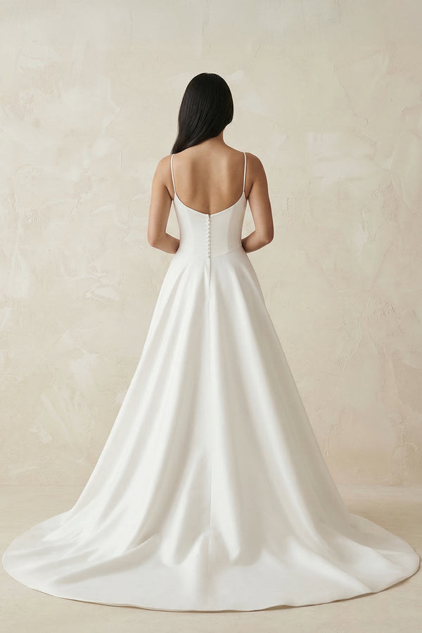 Spaghetti Straps Satin A - Line Ruched Wedding Dress in White - KissProm Wedding Dresses