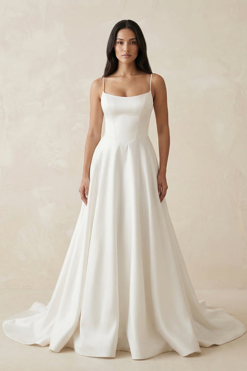 Spaghetti Straps Satin A - Line Ruched Wedding Dress in White - KissProm Wedding Dresses